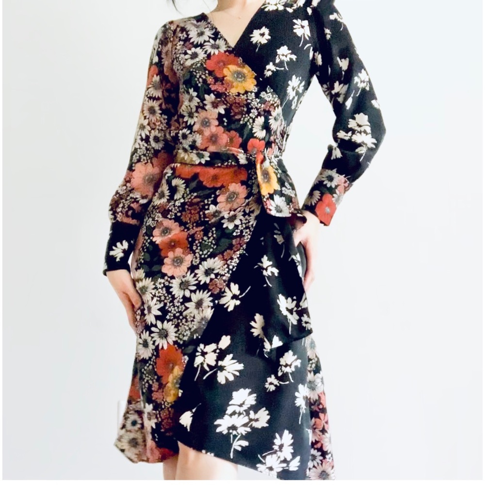 Zara floral print wrap dress w tie
